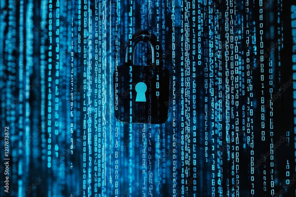Poster concept of security: lock displayed on a digital screen, sharp contrast, 3d graphical representation
