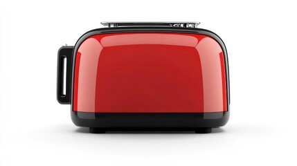 Modern red toaster with black accents, isolated on a white background.