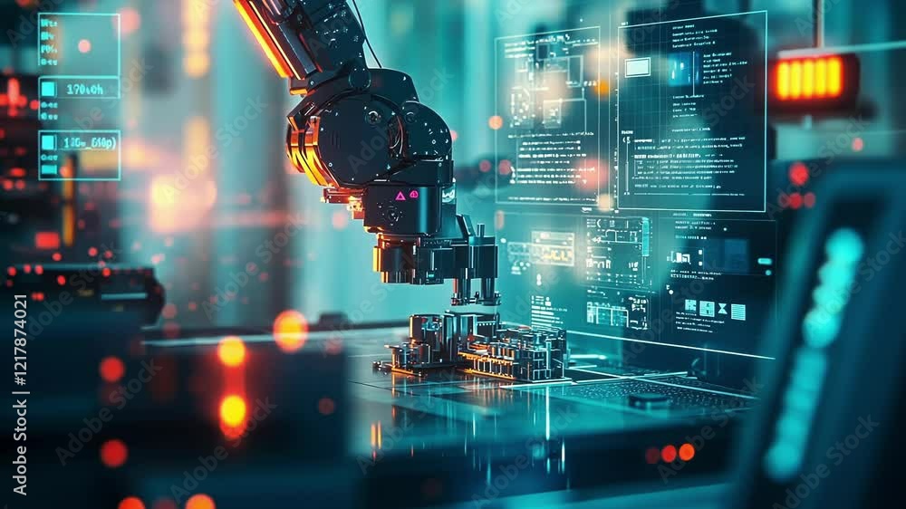 Poster robotic arm assembling microchip on production line in automated factory using futuristic heads up d
