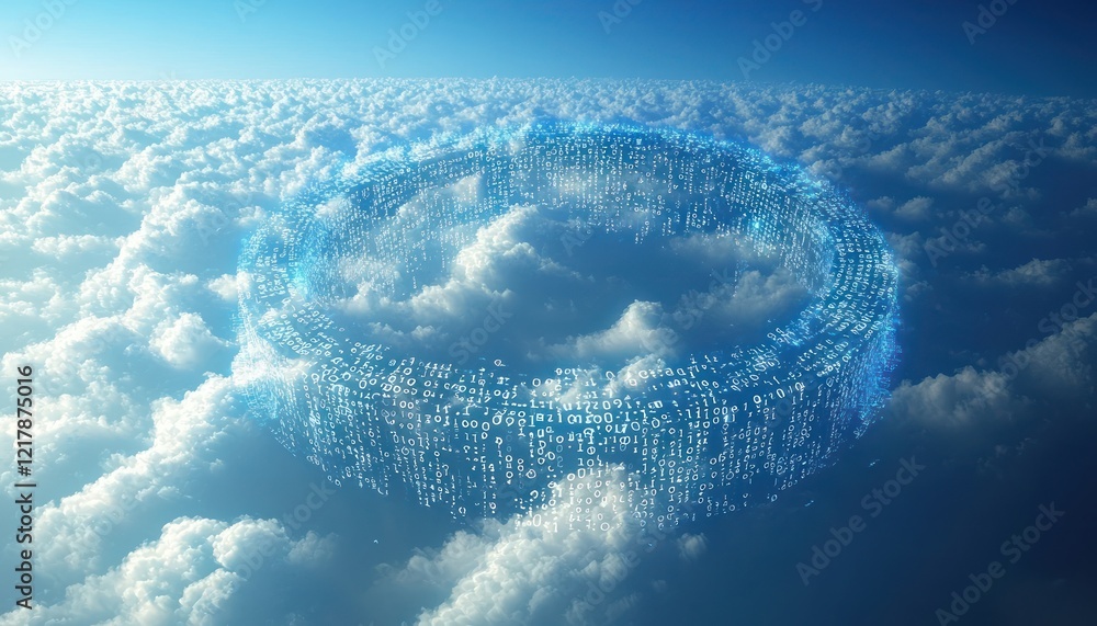 Poster a digital cloud encircled by binary code, symbolizing the innovative leap in cloud computing technol