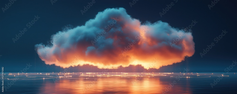 Poster a floating cloud connected by glowing data lines, representing the seamless integration cloud comput