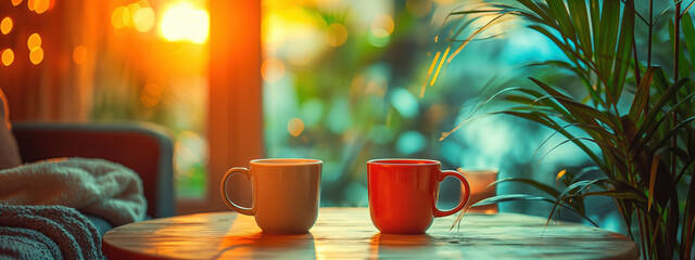 Cozy conversation setting with warm lighting and two coffee mugs on a table in a relaxed atmosphere