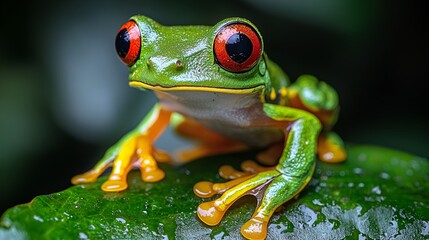 Fototapeta premium Red-eyed tree frog on leaf, rainforest background, nature photography, wildlife