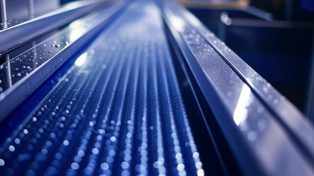 Close up of wet metal surface with regular pattern and water droplets reflecting light, creating a mesmerizing blue hue, suitable for industrial or abstract backgrounds