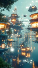 Enchanting futuristic floating city illuminated at night with magical lights and reflections on the water creating a surreal and dreamlike atmosphere of wonder and imagination