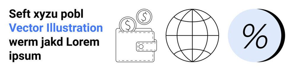 Wallet with coins, globe outline, percentage symbol on light blue circle. Ideal for financial planning, global trade, economics, investment opportunities, banking services, business growth