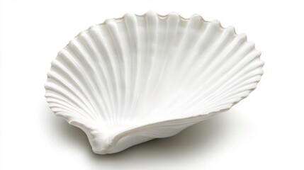 Open white seashell isolated on a white background, showing detailed texture.