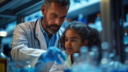 Scientist administering vaccine to child in laboratory, highlighting importance of immunization and child health