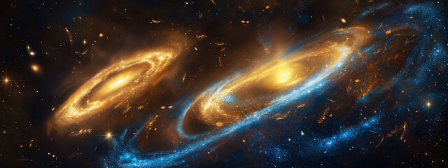 Massive galaxies collide in a stunning cosmic display with vibrant star trails swirling around them