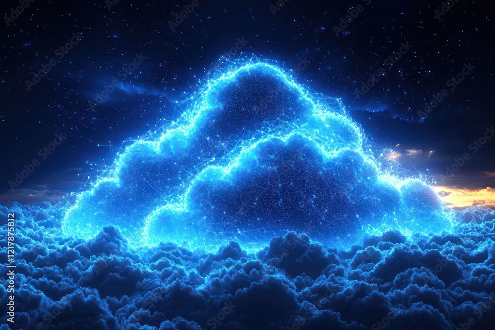 Poster abstract cloud computing network illustrated with blue lines symbolizing the flow data across a digi