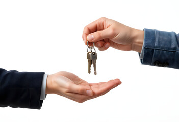 Closeup of the hand handing over and receiving the house key. The concept of buying a house or home loan