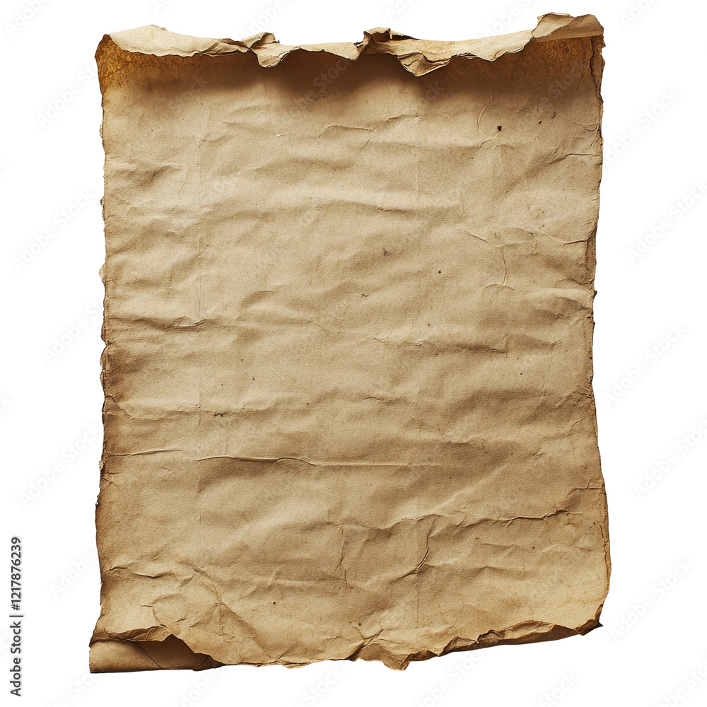 Poster old piece of paper with creased edges and a textured surface isolated against a transparent backgrou