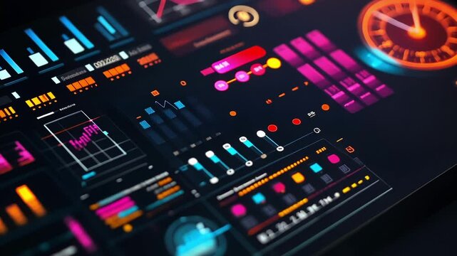Futuristic interface displaying colorful data and information on a monitor, showcasing a vibrant array of charts, graphs, and indicators in a dynamic digital environment