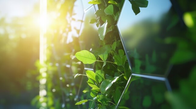 Green leaves growing on a hexagonal mirrored structure