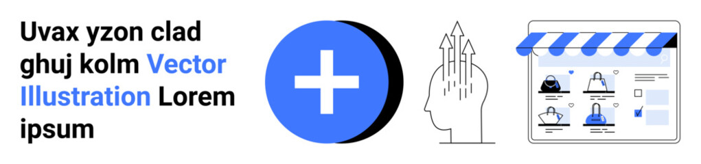 Obraz premium Website page showcasing a medical cross, human head with gears, and online store interface. Ideal for digital health, online shops, smart technology, innovation, education, healthcare future trends