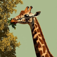 Obraz premium Giraffe Enjoying Leaves, vibrant 2D cartoon depiction of a giraffe reaching for foliage on a tall tree against a soft green backdrop