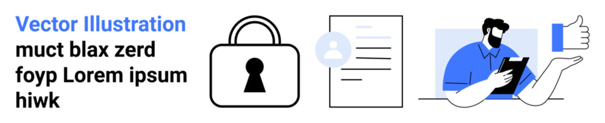 Padlock securing document, user profile icon overlay, person using smartphone with thumbs up. Ideal for online security, privacy protection, data encryption, user authentication, digital