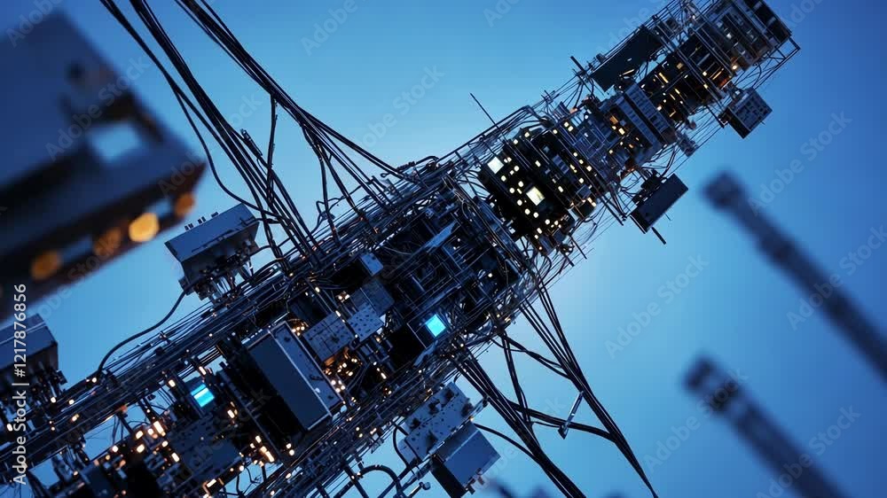 Poster complex server tower with glowing lights and wires transferring data at high speed, representing clo