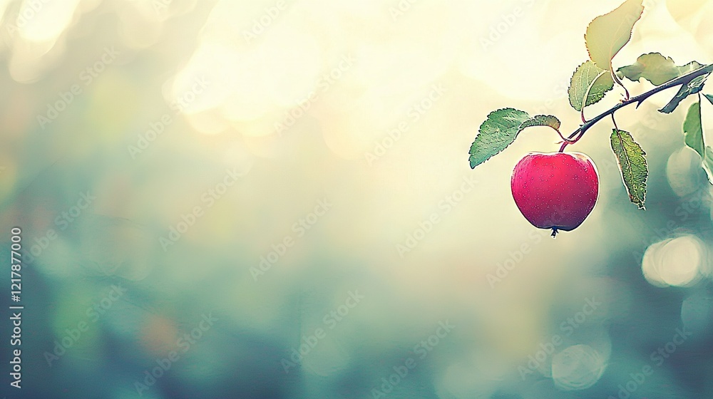 Poster an apple dangling from a tree limb, surrounded by a hazy backdrop of foliage the apple is the focal 