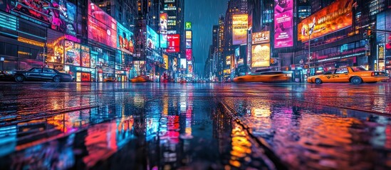 Naklejka premium Vibrant and Colorful Nighttime Urban Cityscape with Neon Lights Illuminated Buildings and Reflections in Wet Street of a Busy Metropolitan City
