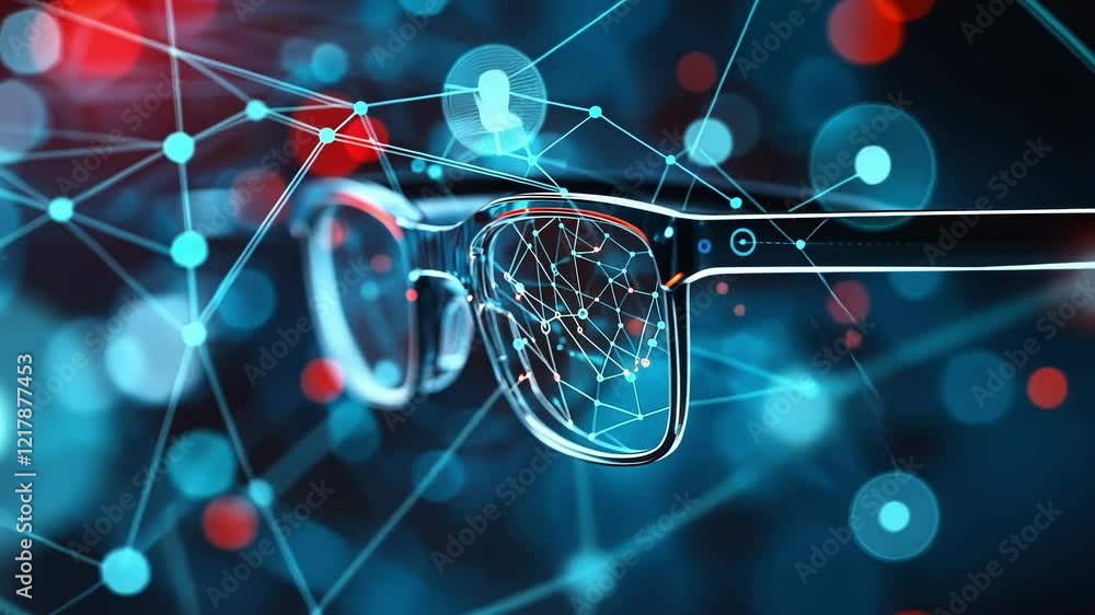 Poster futuristic smart glasses are displaying holographic network connections, representing augmented real
