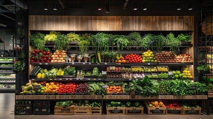 Colorful Grocery Store Produce Display with Fresh Fruits, Vegetables, and Greenery on Wooden Shelves