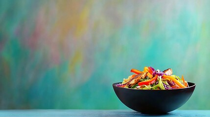  A bowl filled with colorful veggies sits on a blue table, beside a green-blue wall