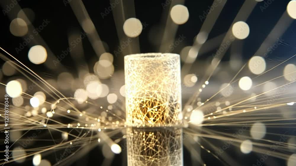 Poster glowing cylinder emitting a network of connected lines, symbolizing data transmission or energy flow