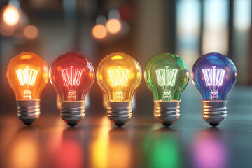 Vibrant glowing light bulbs with colorful neon filaments, perfect for creative designs, innovation themes, modern decor, technology concepts, and festive celebrations with abstract bokeh backgrounds