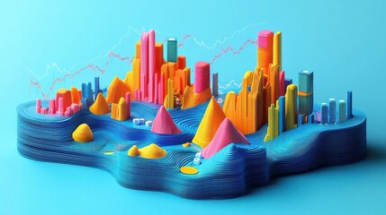 A dynamic 3D chart on a blue economic graph portrays the shifting tides of market data and financial performance across various sectors.