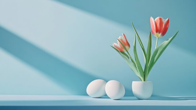 Minimal Easter Composition with Eggs and Tulips