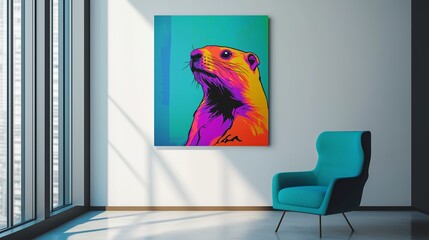 Vibrant pop art groundhog in modern living room with blue chair and large window. Happy Groundhog Day