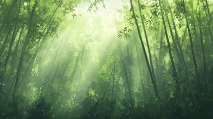 Lush Green Bamboo Forest with Sunlight Streaming Through