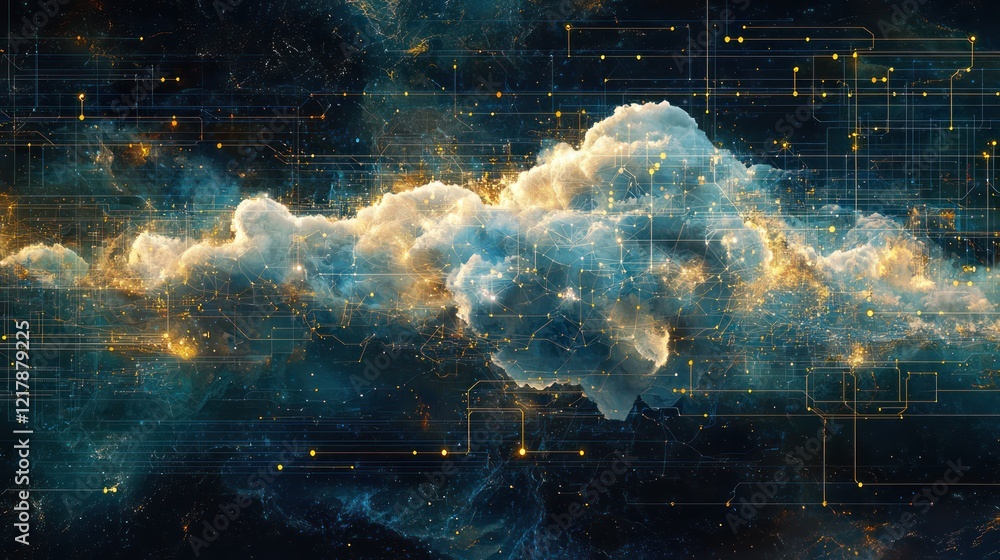 Poster conceptual cloud integrated with circuitry over a global network map, showcasing cloud network conne
