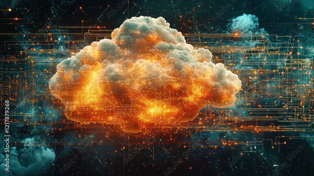 Poster conceptual cloud integrated with circuitry over a global network map, showcasing cloud network conne