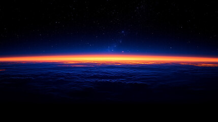 Abstract horizontal line of light glowing blue and orange at the horizon against a black background with minimalistic bright tone blurred modern design with blank caption space on the side

