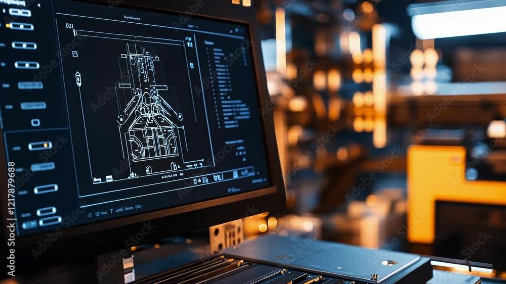 Poster computer displaying technical blueprint on screen in modern industrial factory, showcasing advanced 