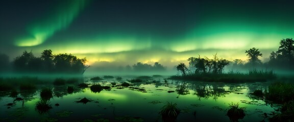 Obraz premium Northern lights glowing over a marshy expanse