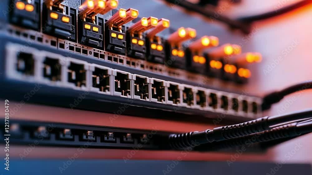 Poster fiber optic cables connecting to an internet router in a server room are forming a robust network in
