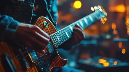 Naklejka premium Band practicing in studio, close-up of hands adjusting instruments, vibrant rehearsal setting