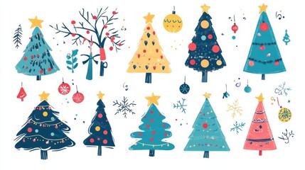 Hand-drawn Christmas tree illustrations with creative decorations. Featuring various artistic styles and playful elements. Highlighting festive spirit and creativity. Ideal for holiday designs.