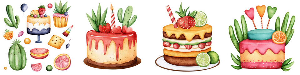 Naklejka premium Colorful cake toppers and desserts with fruits and cacti for celebrations, isolated on transparent background.