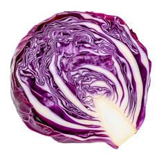 Obraz premium Fresh red cabbage slice isolated on a transparent background showcasing its vibrant color and intricate texture, Red cabbage one slice isolated on transparent background