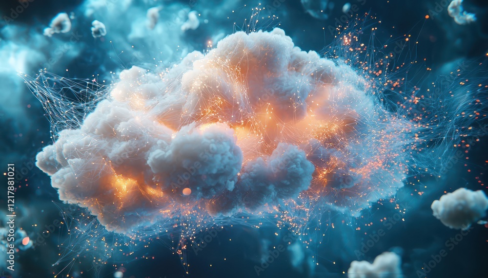 Poster digital depiction a cloud interconnected with nodes, highlighting the complex and robust architectur