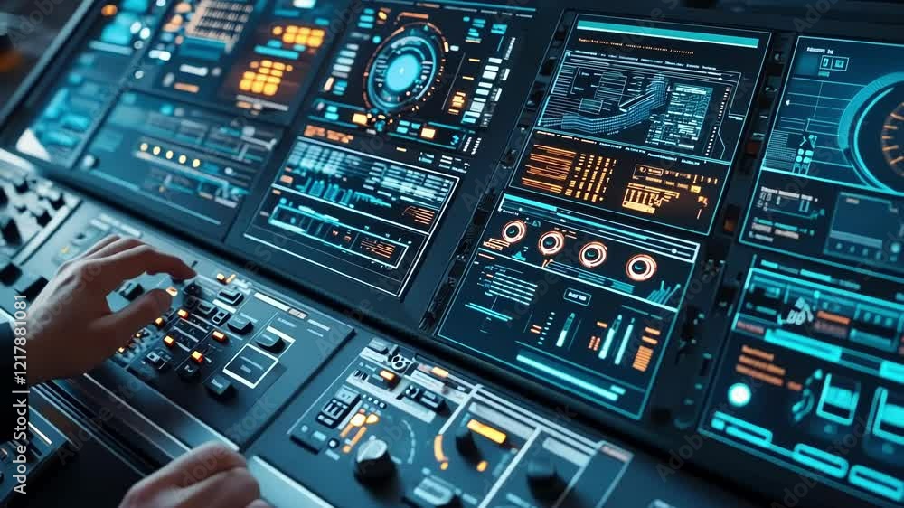 Poster close up of hands working on a futuristic keyboard, managing data on multiple glowing computer scree