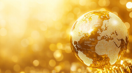 Holographic globe on a gold silver white bright background symbolizing global connectivity and data transfer in a cyber technology theme minimalistic bright tone modern blurred empty caption space


