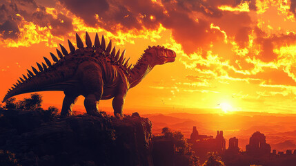 A stegosaurus silhouetted against a fiery orange sunset, standing atop a rocky cliff with ancient ruins in the distance, dramatic clouds swirling above