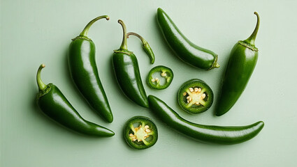 A stock illustration featuring a variety of green chilies, including whole jalapeños, sliced, and chopped peppers with visible seeds. The chilies are isolated on a clean background