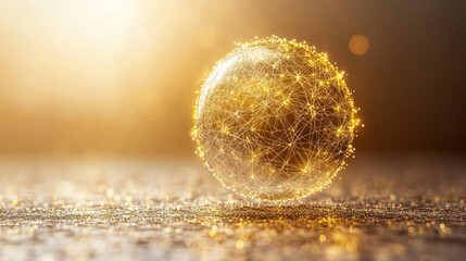Holographic globe on a gold silver white bright background symbolizing global connectivity and data transfer in a cyber technology theme minimalistic bright tone modern blurred empty caption space

