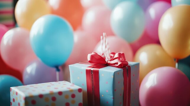 Birthday balloons and gifts, close-up of colorful balloons and wrapped presents, vibrant party setting